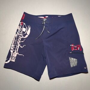 Y2K RLX Ralph Lauren Board Shorts Mens 35 Navy Blue Scorpion Graphic Techwear